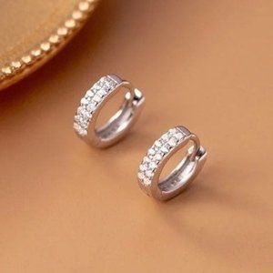 S925 Wide Small CZ Diamonds Huggie Earrings--Silver SH015